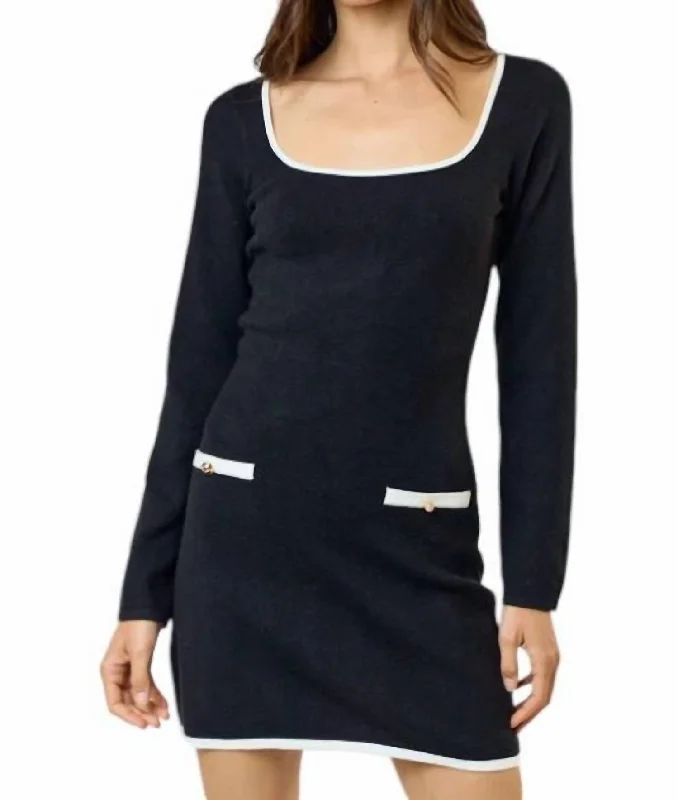 women's bell-sleeved dressesContrast Detail Sweater Mini Dress In Black