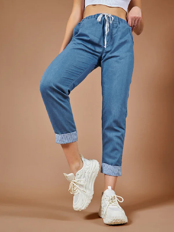 women's grey denim jeansWomen's Blue High Rise Clean Look Solid Cropped Striped Detailing Denim Joggers