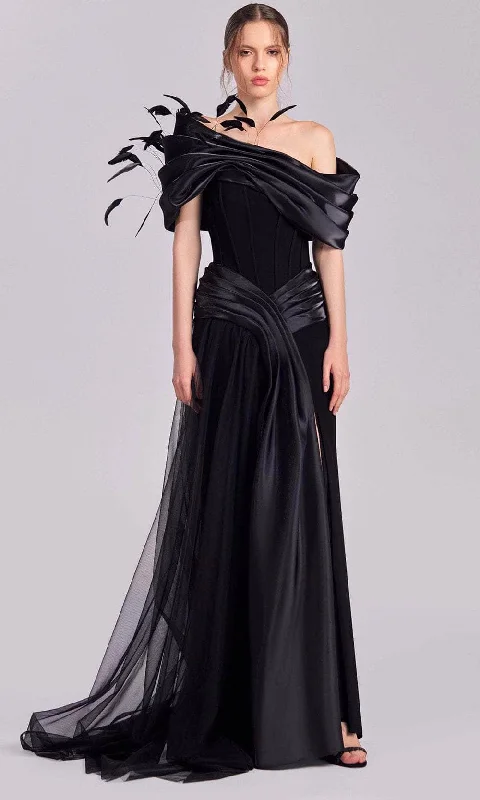 women's cocktail dressesMNM Couture G1806 - Draped Bodice Off Shoulder Evening Gown