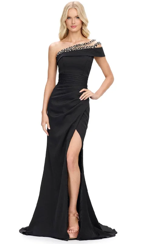 women's cold-shoulder dressesAshley Lauren 11749 - Asymmetric Beaded Illusion Evening Gown