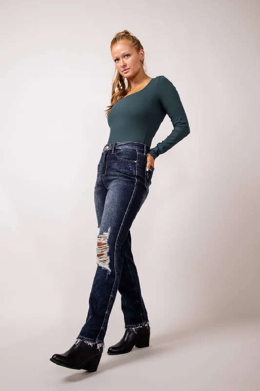 women's denim jeans with distressed hemsJudy Blue High Rise Rigid Magic Distressed Straight Jeans for Women | 88819-DK