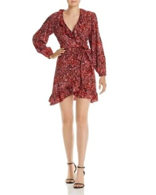 women's glam dressesAnimal Print Ruffle Wrap Mini Dress In Red