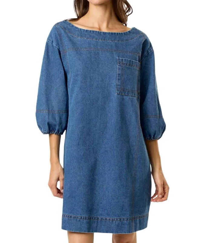 women's casual Friday dressesDenim Puff Sleeve Mini Dress In Medium Wash