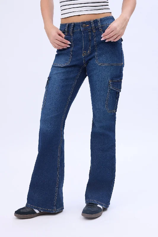 women's denim jeans with buttonsMid Rise Cargo Flare Jeans