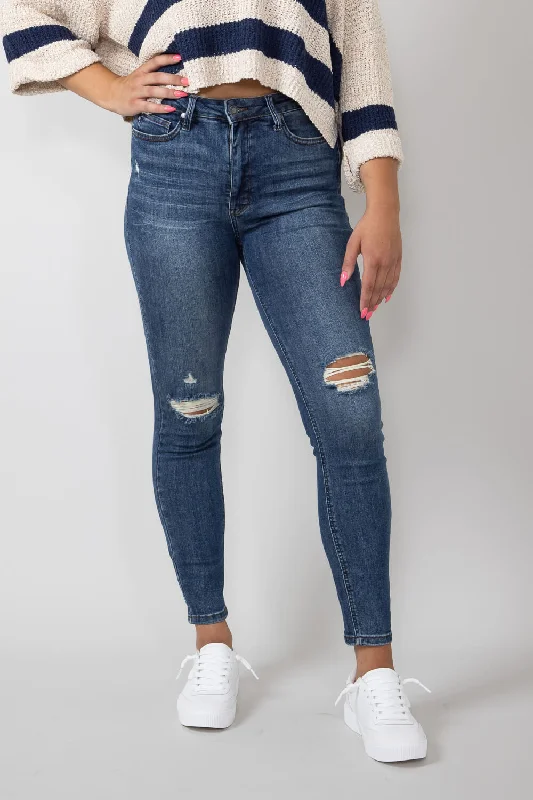 women's denim jeans for partiesJudy Blue Mid Rise Distressed Knee Skinny Jeans for Women | 88798-DK