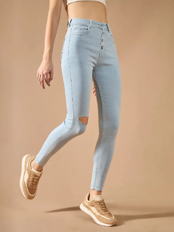 women's denim jeans for plus-size womenWomen's Light Blue Skinny High-Rise Distressed Regular Denim Jeans