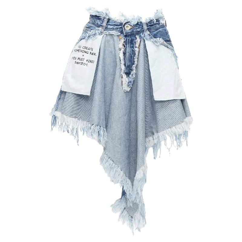 women's travel-friendly cocktail skirtsUnravel Project Chaos inside out distressed printed denim skirt