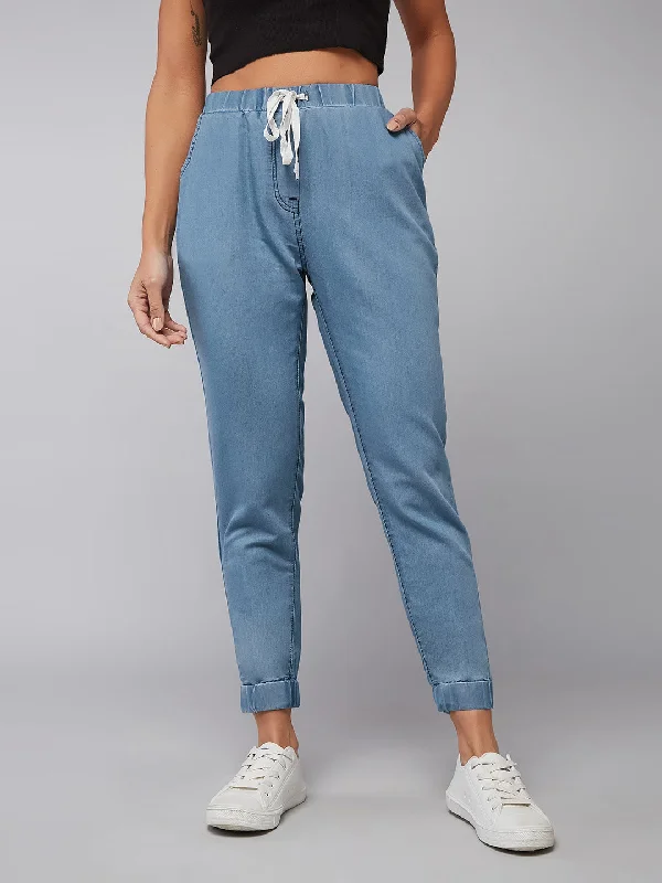 women's denim jeans with patchesWomen's Blue Mid Rise Non-Stretchable Denim Joggers