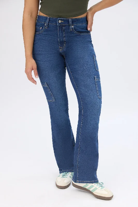 women's denim jeans with floral embroideryHigh Rise Cargo Bootcut Jeans