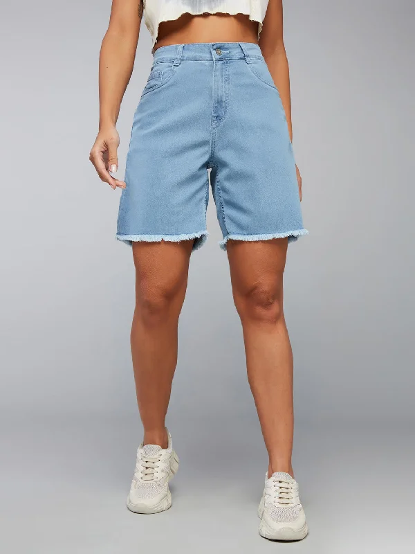 women's denim jeans with distressed thighsWomen's Light Blue Regular High Rise Above Knee Stretchable Denim Shorts