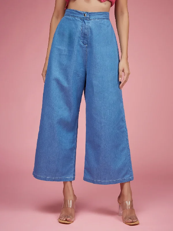 women's ripped denim jeansWomen's Blue Flared Wide-Leg High Rise Non Stretchable Light Weight Denim Culottes Pants