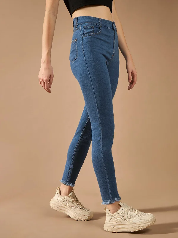 women's ankle-length denim jeansWomen's Blue Skinny High Rise Cropped Length Fringe Detailing Stretchable Denim Jeans