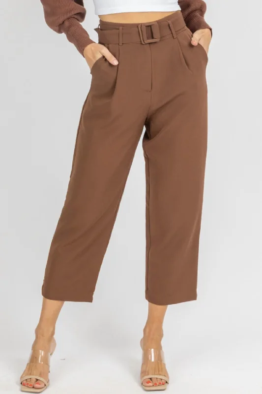 women's zipper pantsBelted Straight Leg Trousers In Mocha