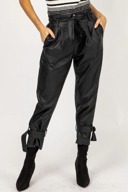 women's wool pantsLeather Pleated Ankle Tie Pants In Black