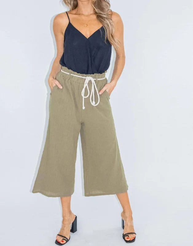 women's elegant pantsRope Belt Culotte Pant In Olive