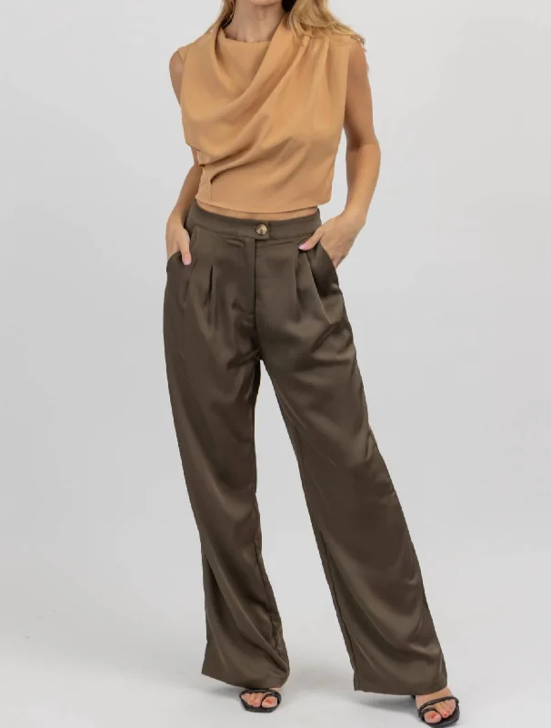 women's button-fly pantsSatin Wide Leg Pintuck Pant In Olive