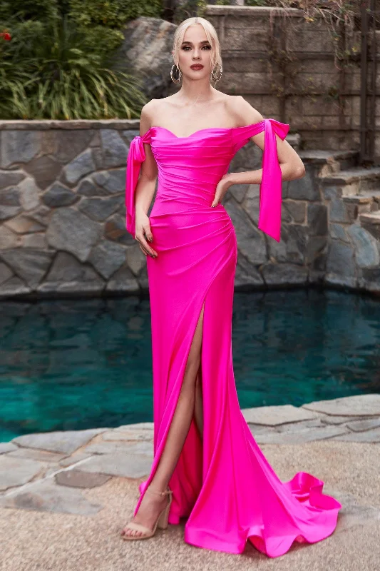 women's work dressesCinderella Divine CD943 Off Shoulder Formal Prom Long Dress Fuchsia