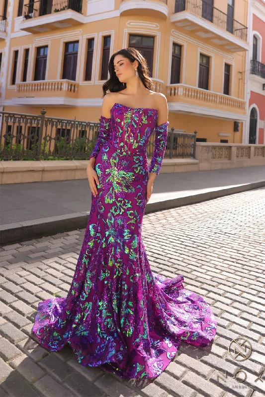 women's flutter-sleeved dressesNox Anabel R1268 Long Sequins Mermaid Prom Gown